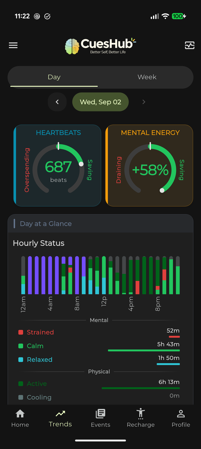 The CuesHub home screen, showing heartbeats and mental energy for the day